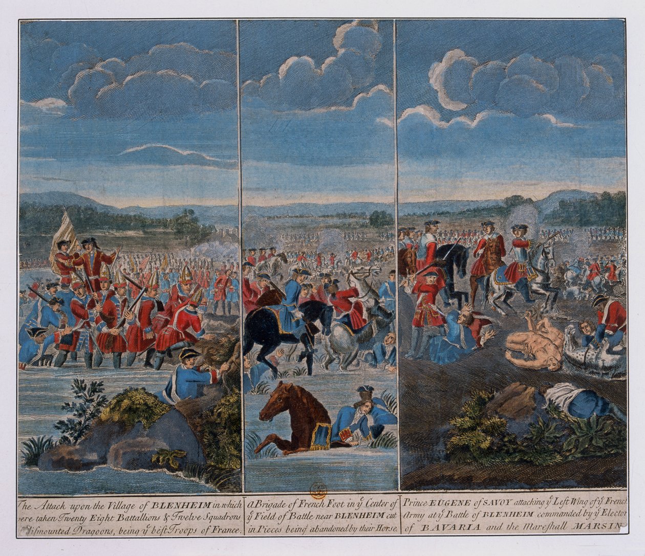 Kolme taulua, jotka kuvaavat Blenheimin taistelua, noin 1765. tekijältä Louis Laguerre