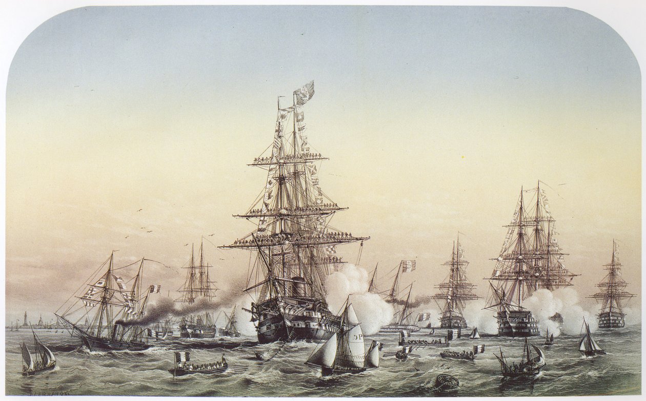 Napoleon III Calaisissa, vierailulla Krimille lähtevän brittiläisen laivueen kanssa. 14. heinäkuuta 1854 tekijältä Louis Le Breton