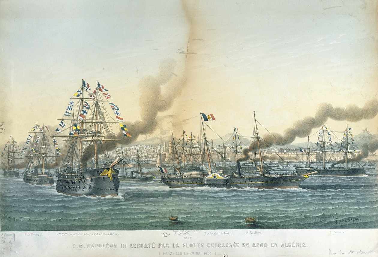 Napoleon III:n (1808-73) saapuminen Algeriaan taistelulaivojen saattajan kanssa, 1. toukokuuta 1865 tekijältä Louis Le Breton