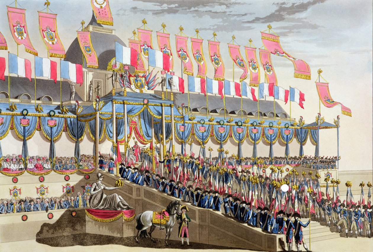 Pyhä juhla ja heidän keisarillisten majesteettiensa kruunajaiset, Näkymä koristeista Ecole Militairen edessä Champ du Marsin vieressä, kaiverrettu Francois Aubertin (1783-1821), julkaistu 1806 tekijältä Louis Le Coeur