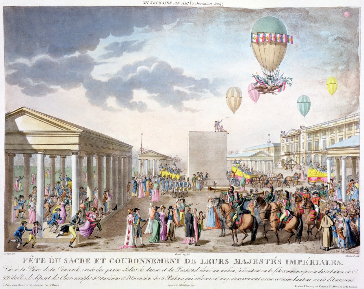 Pyhä festivaali ja heidän keisarillisten majesteettiensa kruunajaiset, Näkymä Place de la Concordelle, Pariisi, kaivertanut Marchand, julkaistu 1806 (käsin sävytetty kaiverrus) tekijältä Louis Le Coeur