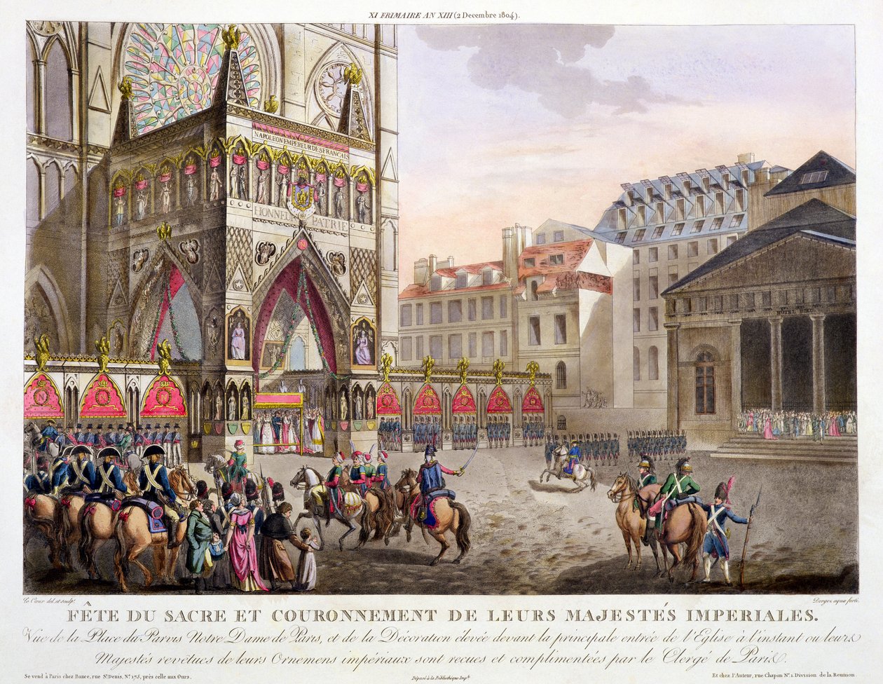 Pyhä festivaali ja heidän keisarillisten majesteettiensa kruunajaiset, Näkymä Place du Parvis Notre Dame -aukiolle, kaivertanut Dorgez (fl.1780-1814), julkaistu 1806 (käsin sävytetty kaiverrus) tekijältä Louis Le Coeur