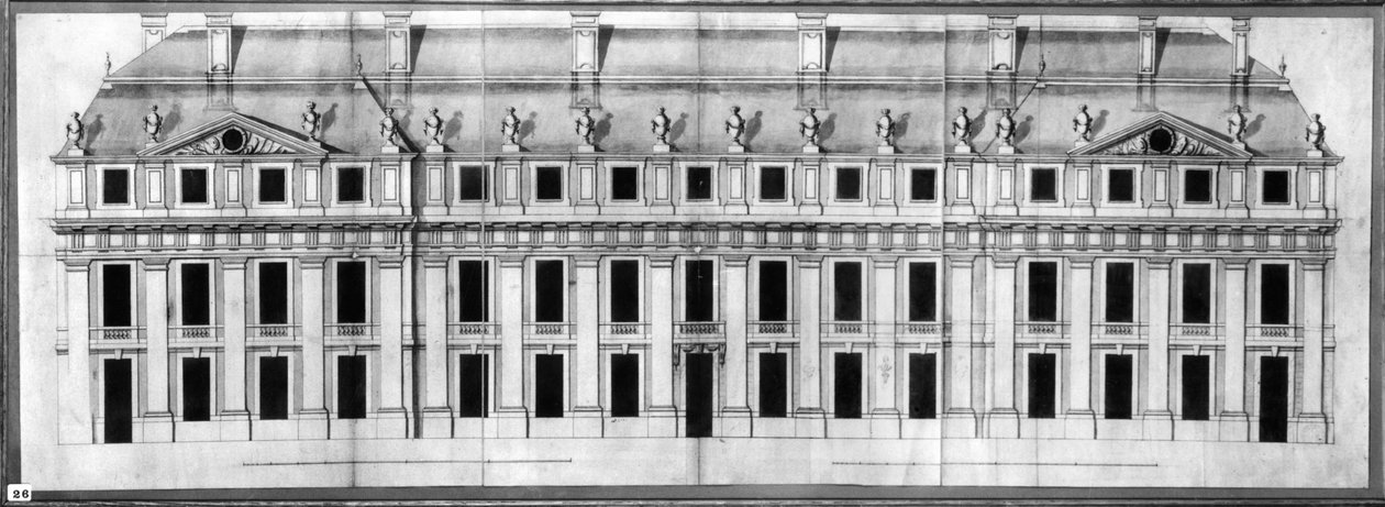 Chateau de Vincennes: Kulmapaviljongin julkisivun korotus, 1658 (kynä, muste ja pesu paperille) tekijältä Louis Le Vau