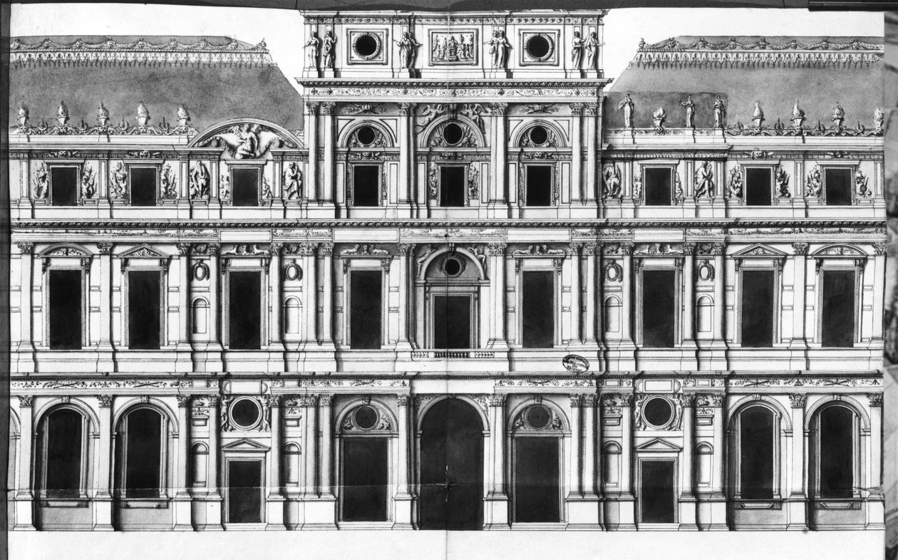 Louvre: Paviljongin korkeus keskellä jokea, n. 1660-63 (kynä, muste ja pesu paperille) tekijältä Louis Le Vau