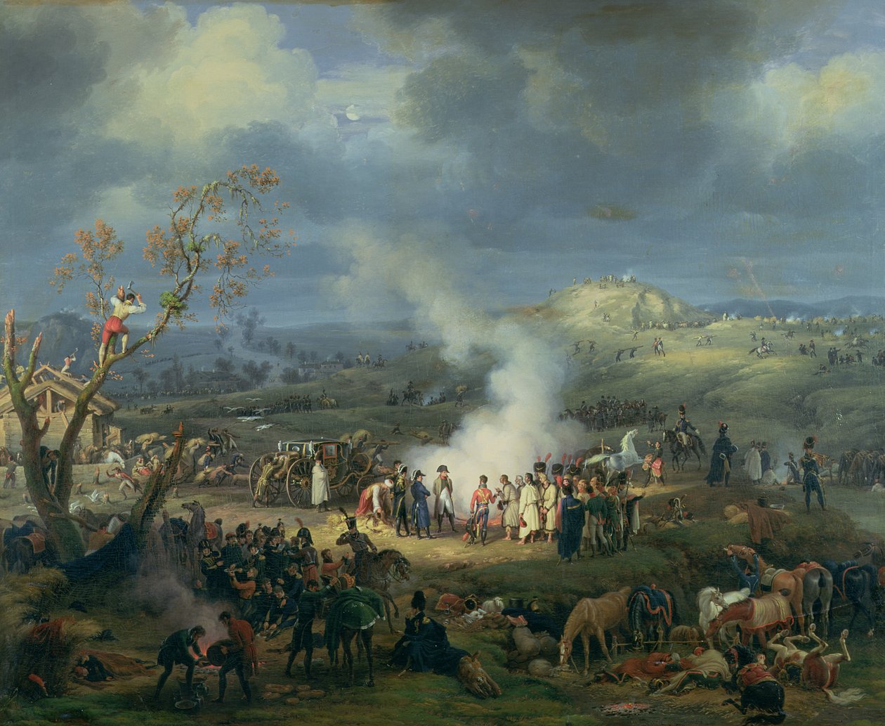 Napoleon (1769-1821) vierailee bivouacissa Austerlitzin taistelun aattona, 1. joulukuuta 1805, 1808. tekijältä Louis Lejeune