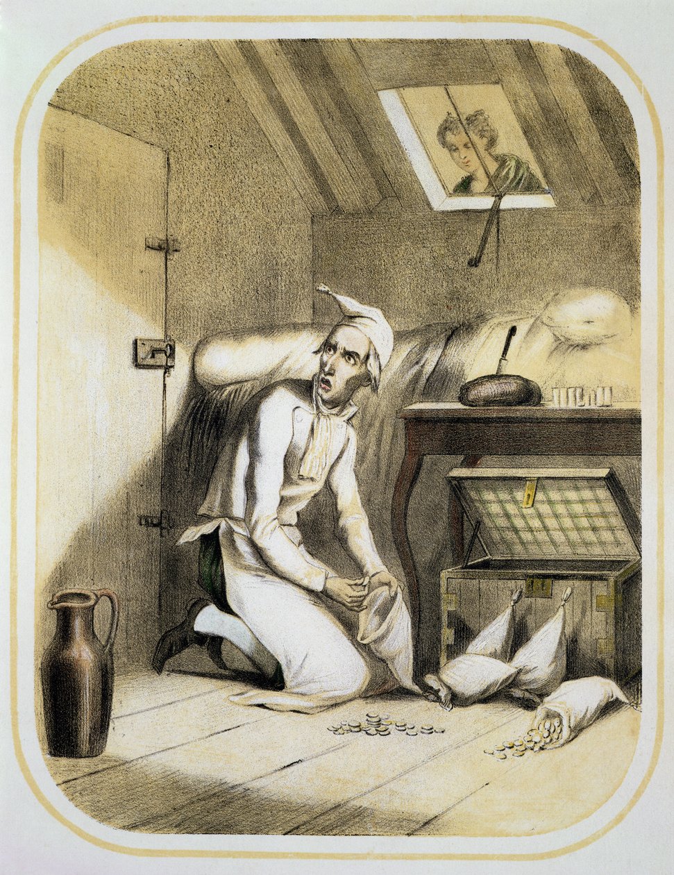 Ahneus keittiössä, sarjasta Seitsemän kuolemansyntiä kuvaava vedos, n. 1850 tekijältä Louis Leopold Boilly