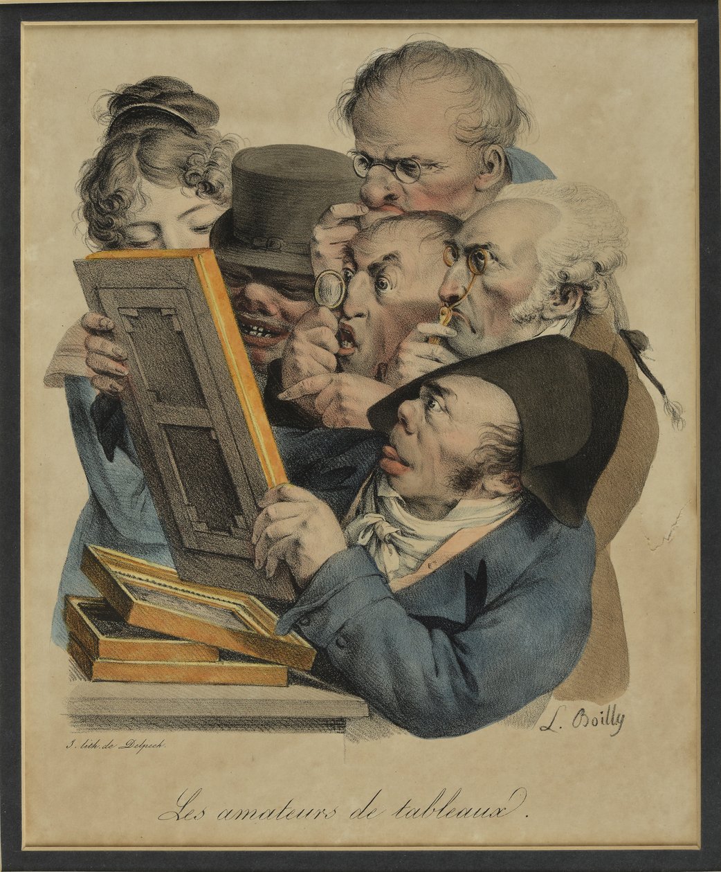 Les Amateurs de Tableux, 1823 (käsin värjätty litografia). tekijältä Louis Leopold Boilly