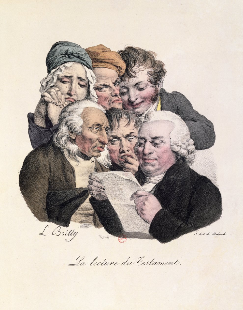 Testamentin lukeminen, kaivertaja Francois Seraphin Delpech (1778-1825). tekijältä Louis Leopold Boilly