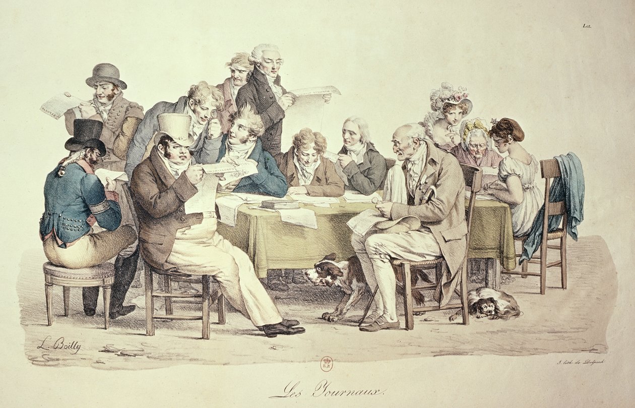 Sanomalehdet, kaiverrus Francois Seraphin Delpech (1778-1825) tekijältä Louis Leopold Boilly