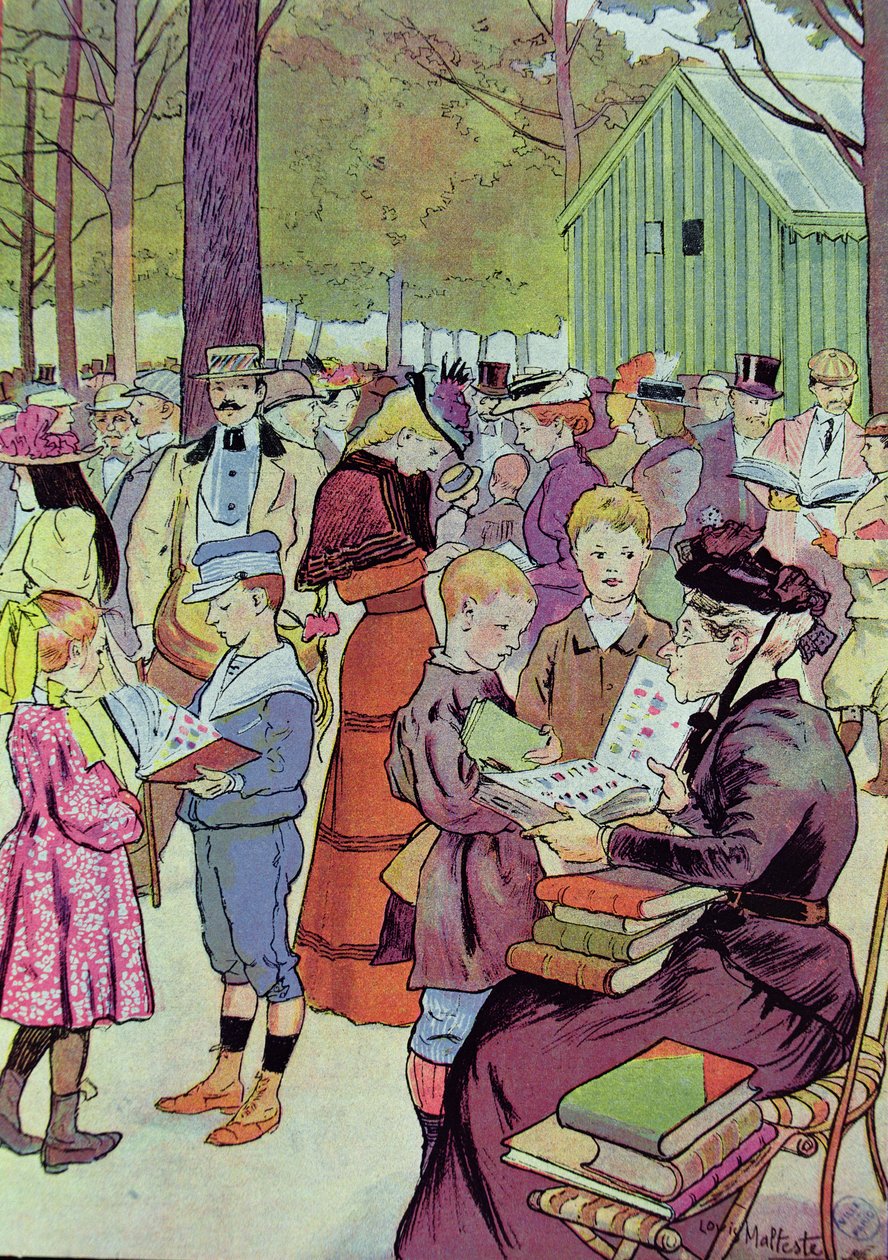 Postimerkkimarkkinat Pariisissa, 1897 (värikaiverrus) tekijältä Louis Malteste