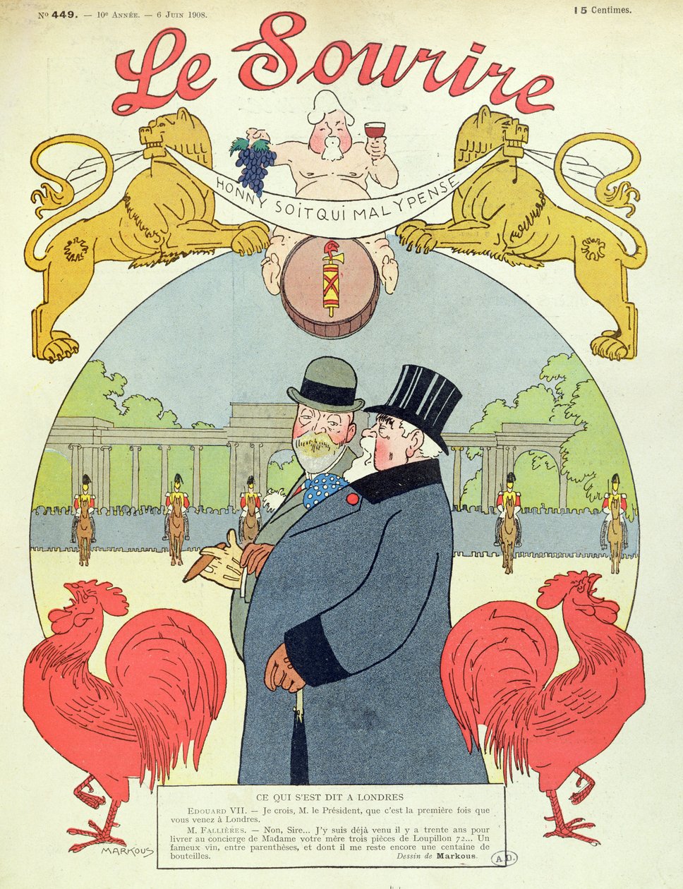 Presidentti Armand Fallieres (1841-1931) ja kuningas Edward VII (1841-1910) Le Sourire -lehden kansi, 6. kesäkuuta 1908 tekijältä Louis Marcoussis