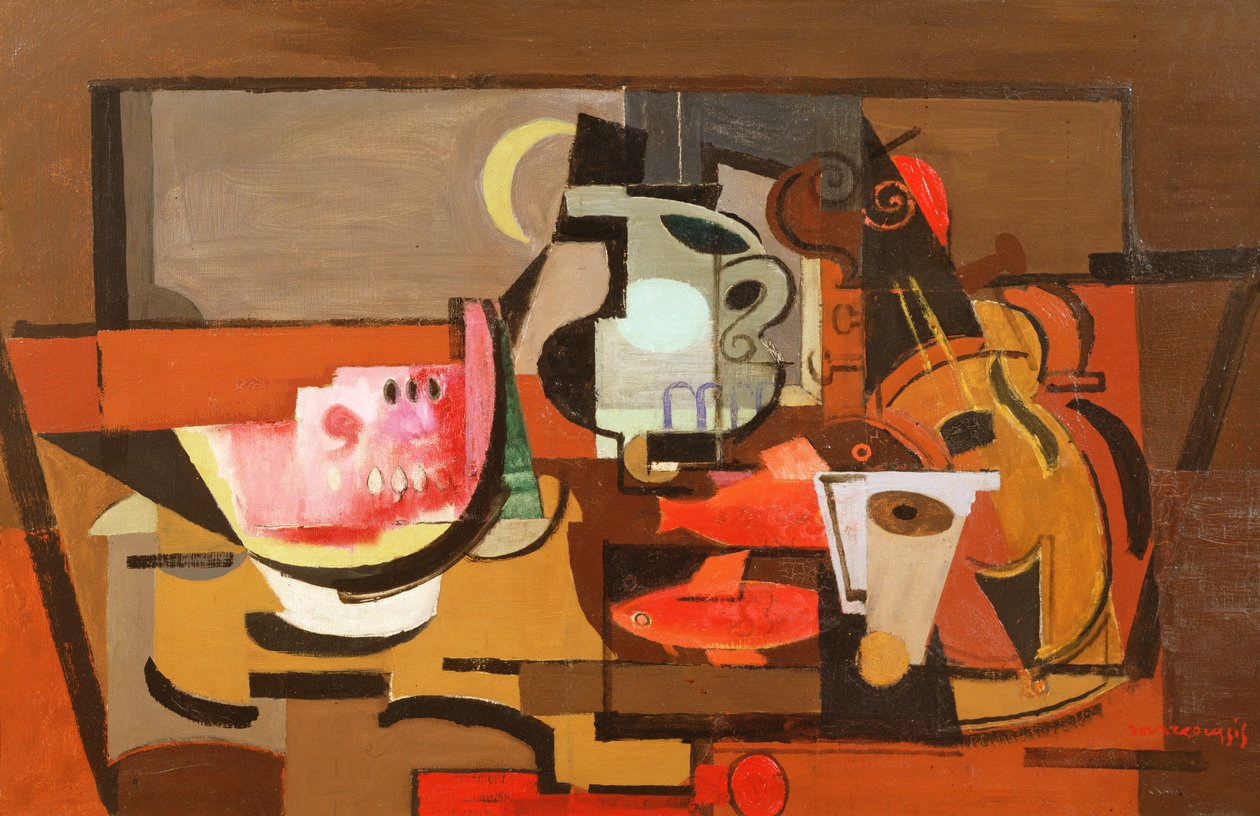 Asetelma vesimeloniviipaleella, n. 1929 tekijältä Louis Marcoussis