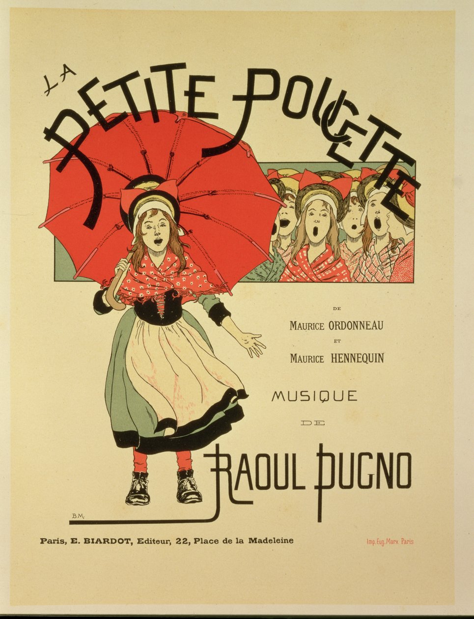 Jäljennös julisteesta, joka mainostaa operettia "La Petite Poucette", 1891 tekijältä Louis Maurice Boutet de Monvel