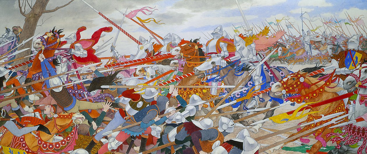 The Turmoil of Conflict, Jeanne of Arc -sarjasta D, n. 1905-1911 (öljy ja kultalehti kankaalle) tekijältä Louis Maurice Boutet de Monvel
