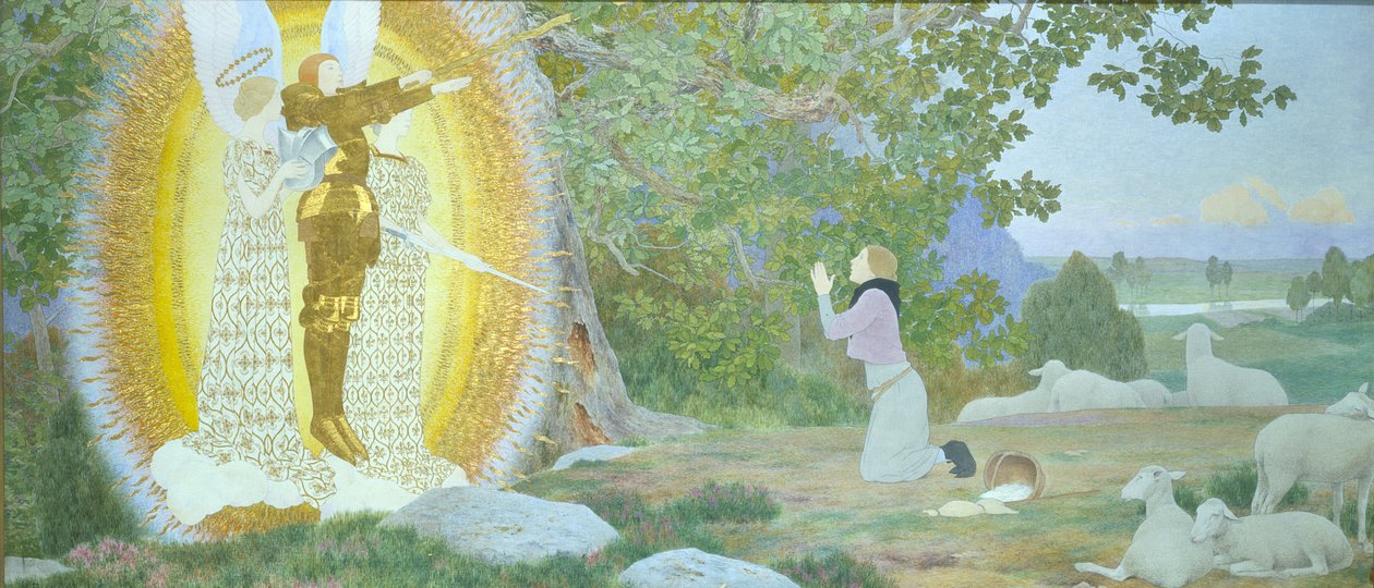 Visio ja inspiraatio, Jeanne of Arc -sarjasta A, 1911 (öljy ja kultalehti kankaalle) tekijältä Louis Maurice Boutet de Monvel
