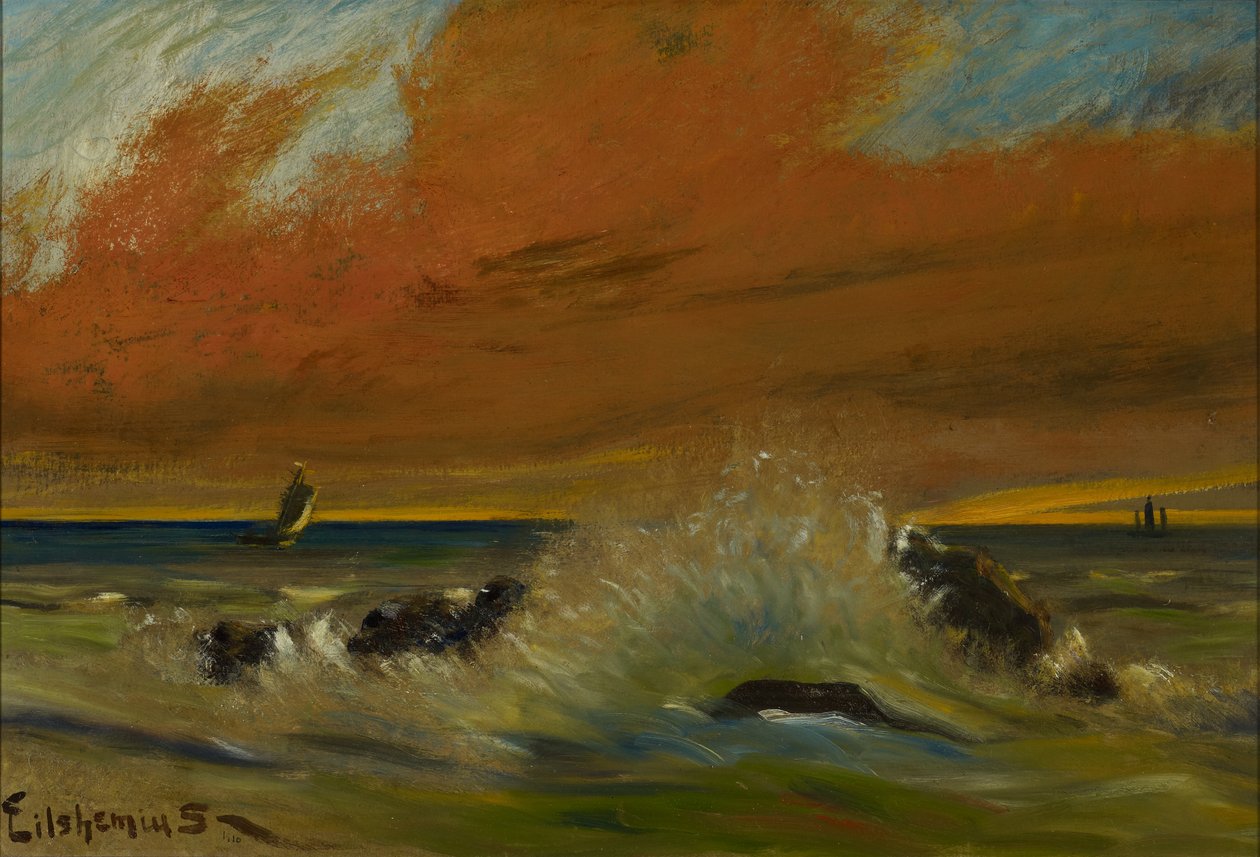 Auringonlasku, 1916 (öljy paperille asennettuna levylle) tekijältä Louis Michel Eilshemius