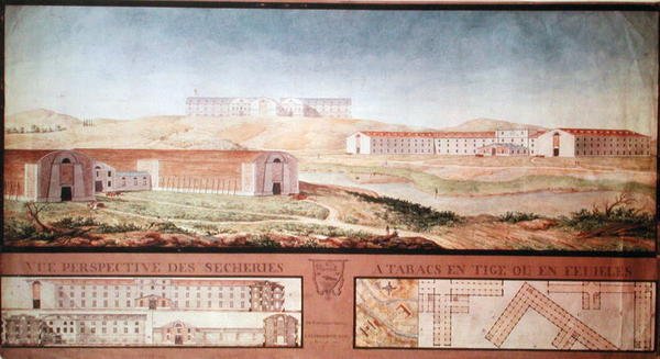Perspektiivinäkymä tupakankuivaustehtaasta, 1813 (wc paperilla) tekijältä Louis Michel Phelippeaux