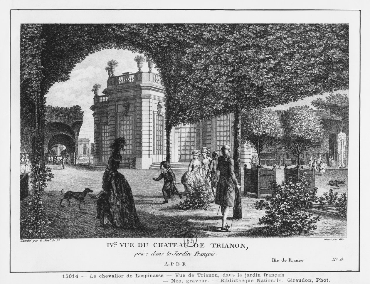 Neljäs näkymä Trianonista, otettu ranskalaisessa puutarhassa, kaiverrettu Francois Denis Nee (1732-1817) tekijältä Louis Nicolas de Lespinasse