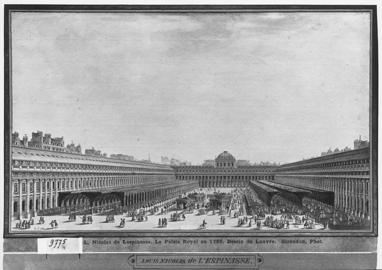 Palais Royalin puutarha, 1785 (wc ja kynä ja harmaa muste paperille) tekijältä Louis Nicolas de Lespinasse