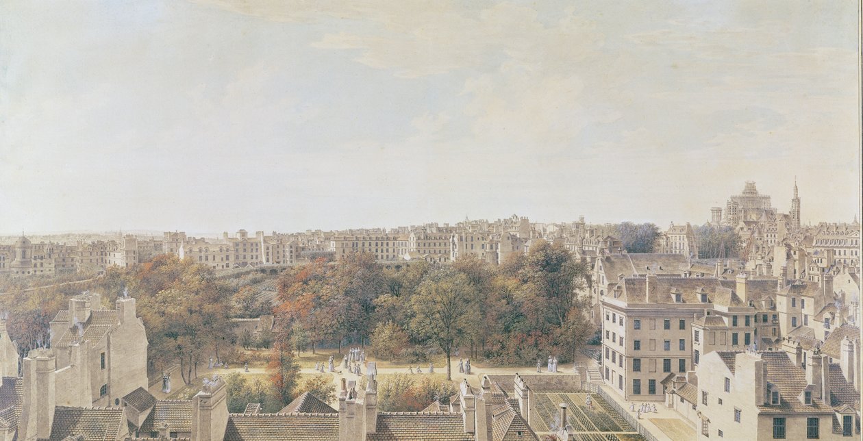 Näkymä Pariisiin M. Fornellen Belvedereltä, rue des Boulangers, 1787 (kynä, ruskea muste, wc ja guassi paperilla) tekijältä Louis Nicolas de Lespinasse