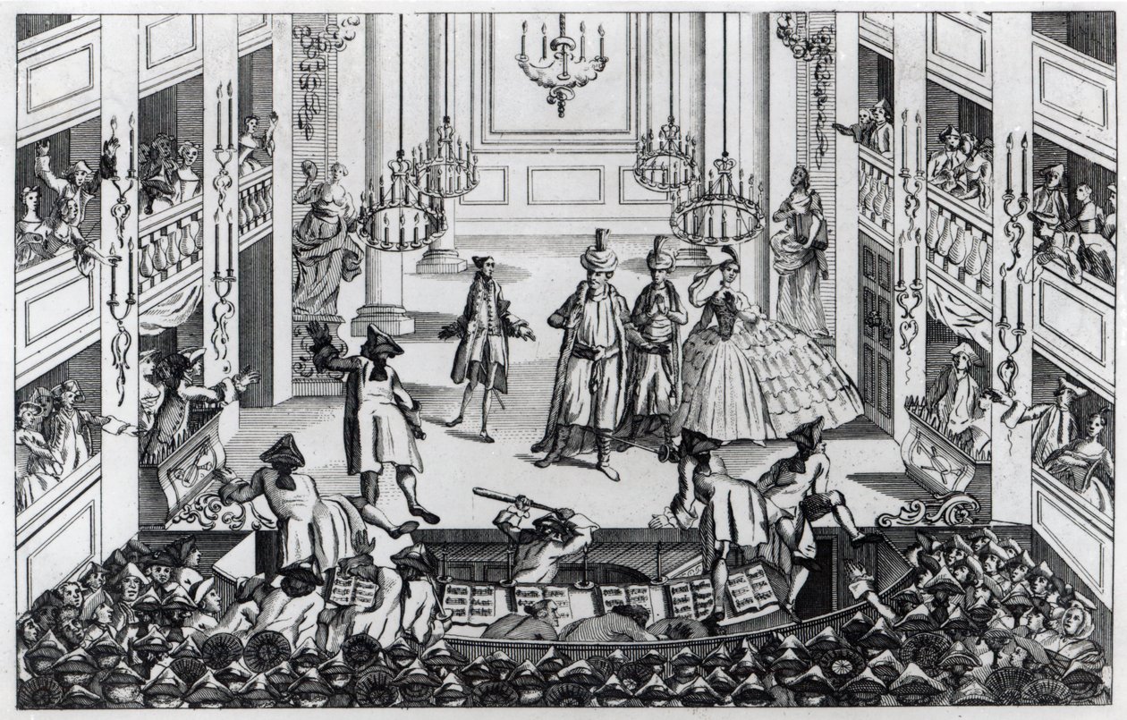 Riot sa Covent Garden Theater noong 1763 bilang resulta ng pagtanggi ng mga Manager na tanggapin ang kalahating presyo sa Opera of Artaxerxes finn tekijältä Louis Philippe Boitard