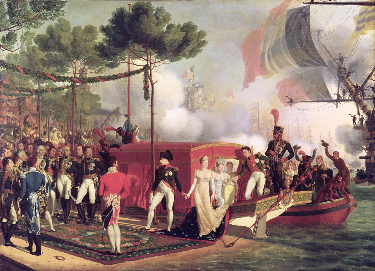 Napoleon I (1769-1821) ja Marie Louise (1791-1847) poistumassa aluksesta Antwerpenissä, 1810 tekijältä Louis Philippe Crepin