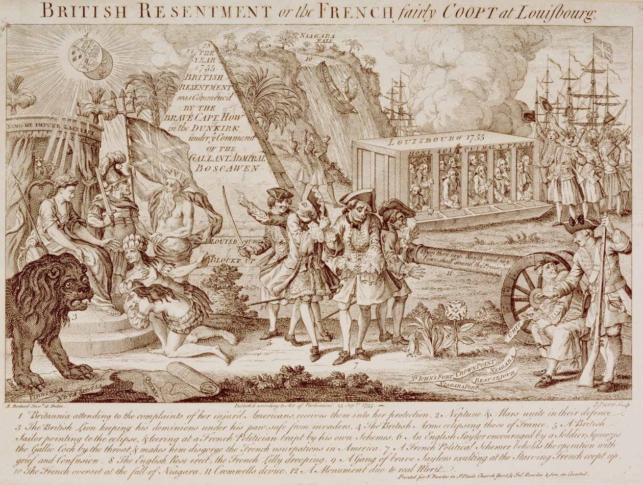 British Resentment tai ranskalainen Fairly Coopt Louisbourgissa, julkaistu 25. syyskuuta 1755 (katso myös 251585) tekijältä Louis Philippe after Boitard