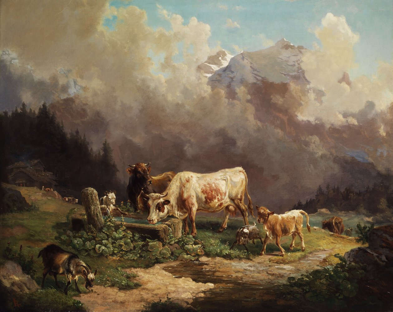 Vieh im Hochgebirge an der Tränke tekijältä Louis Reinhardt