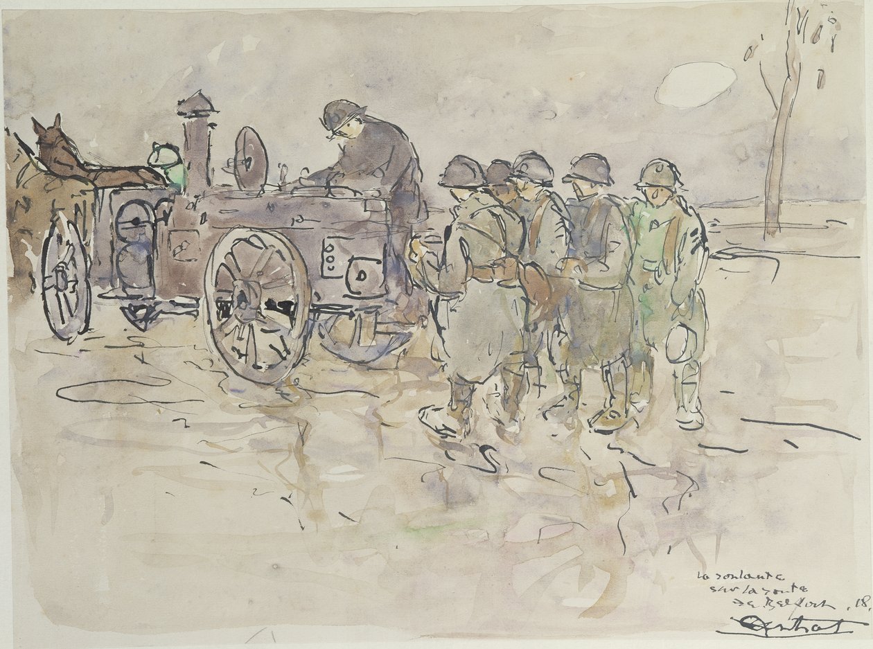 Kenttäkeittiö tiellä Belfortiin, 1918 (kynä, muste ja wc paperilla) tekijältä Louis Robert Antral