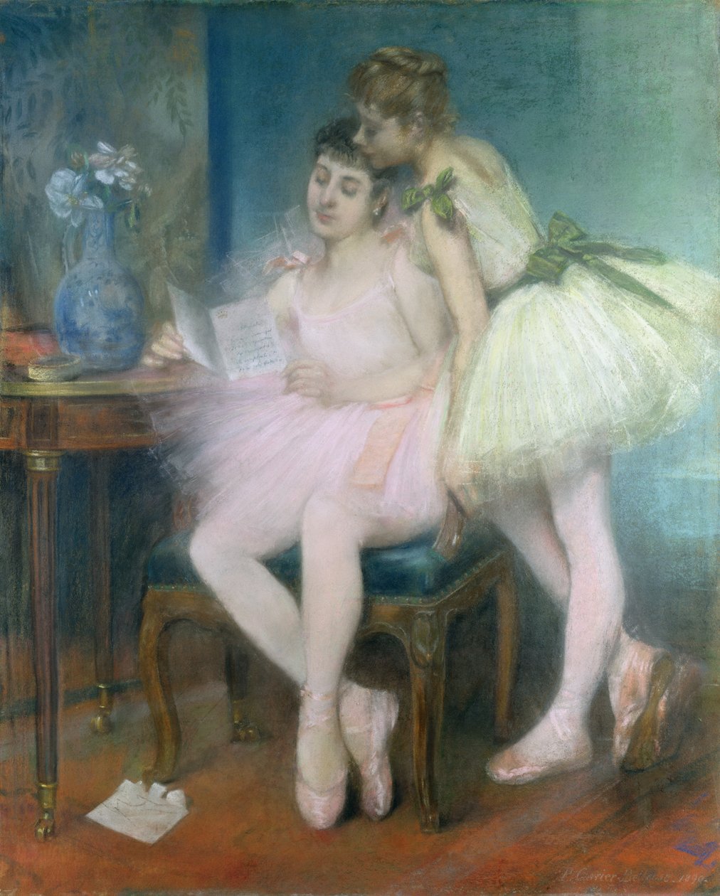 La Lettre (Kirje) 1890 (pastelli paperille ja kankaalle) tekijältä Louis Robert Carrier Belleuse