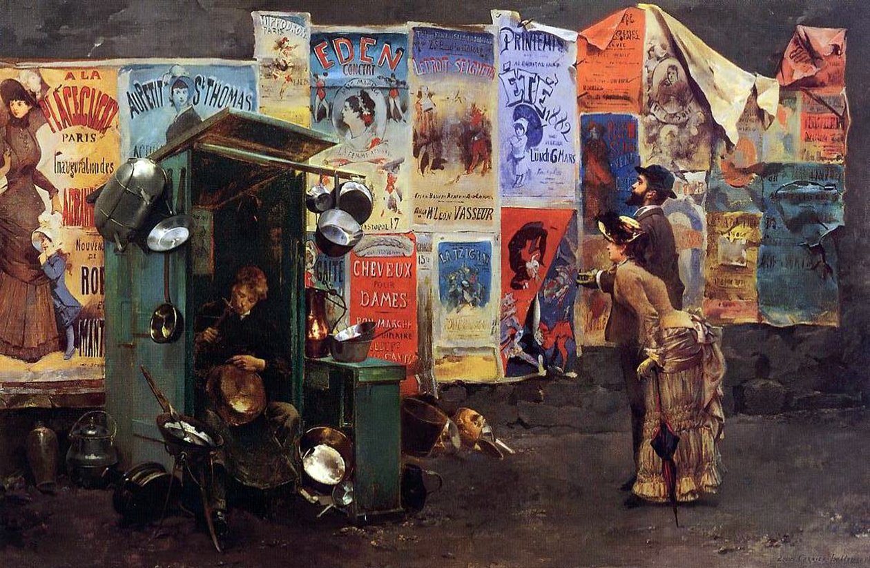 Julisteet seinällä ja mies korjaa metalliruukkuja, 1882 tekijältä Louis Robert Carrier Belleuse