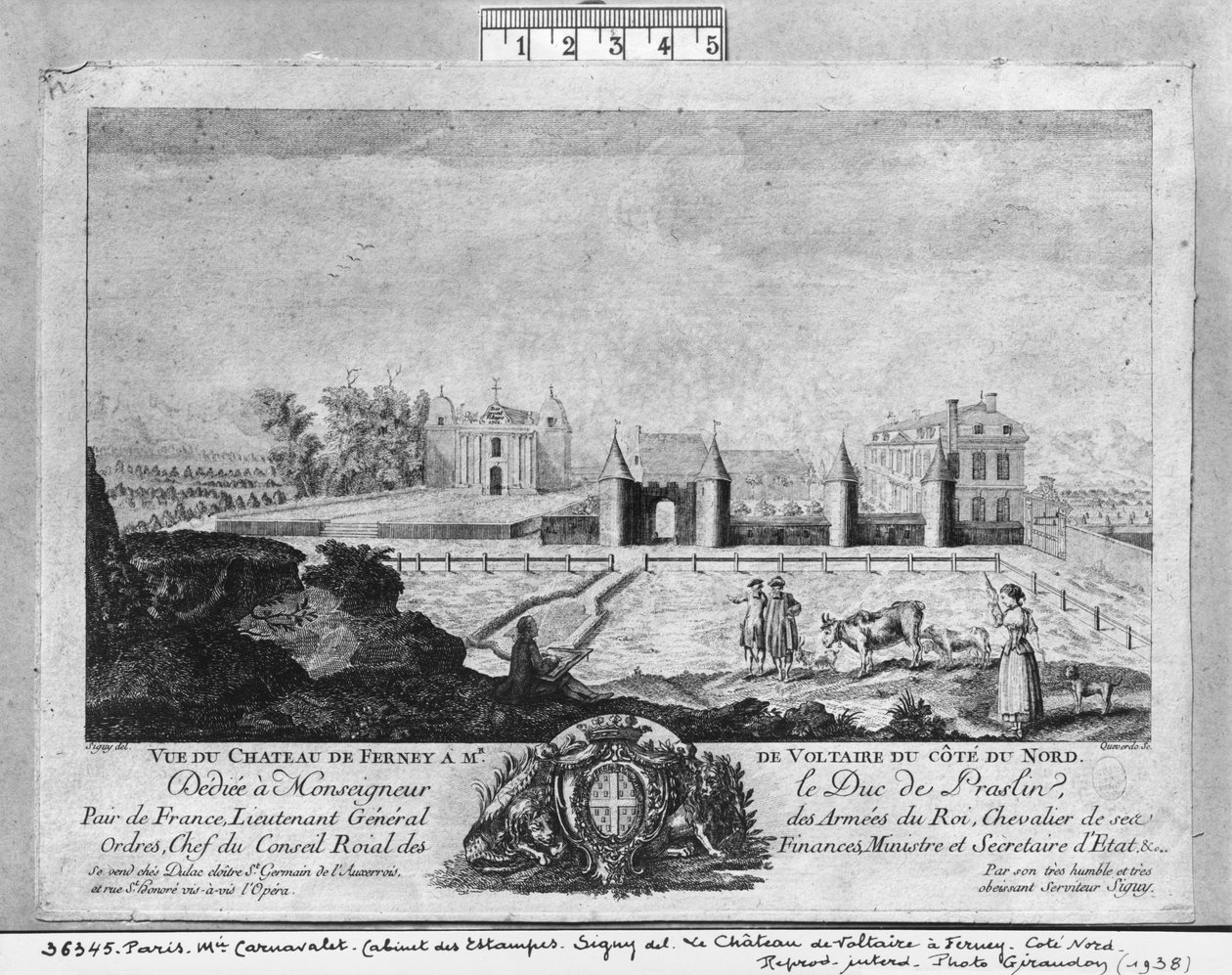 Voltairen talo Ferneyssä, pohjoispuoli, Francois, Maria, Isidore Queverdon (1748-97) kaiverruttama. tekijältä Louis Signy