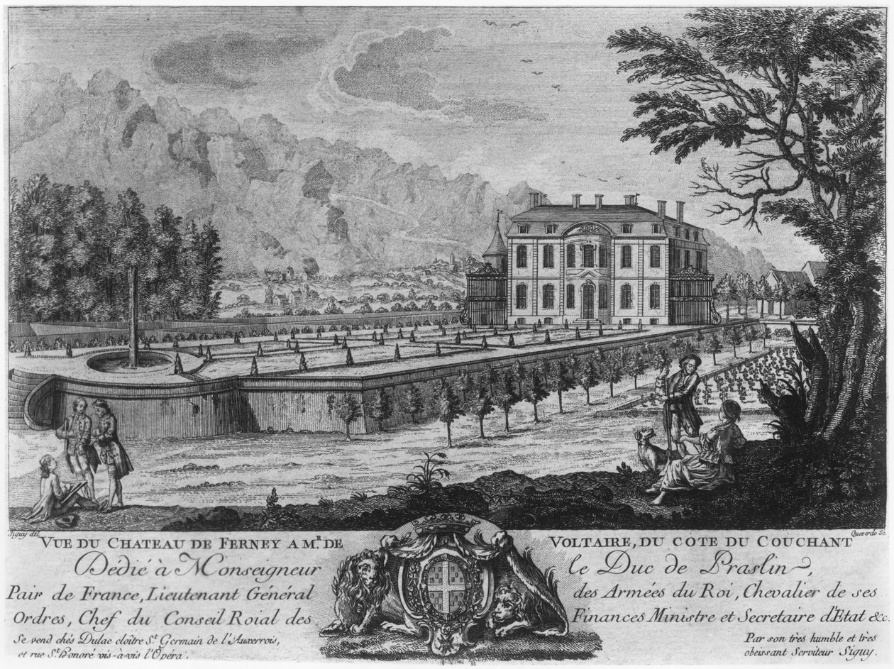 Voltairen talo Ferneyssä, länsipuolella, kaiverrus Francois, Maria, Isidore Queverdo (1748-97) tekijältä Louis Signy