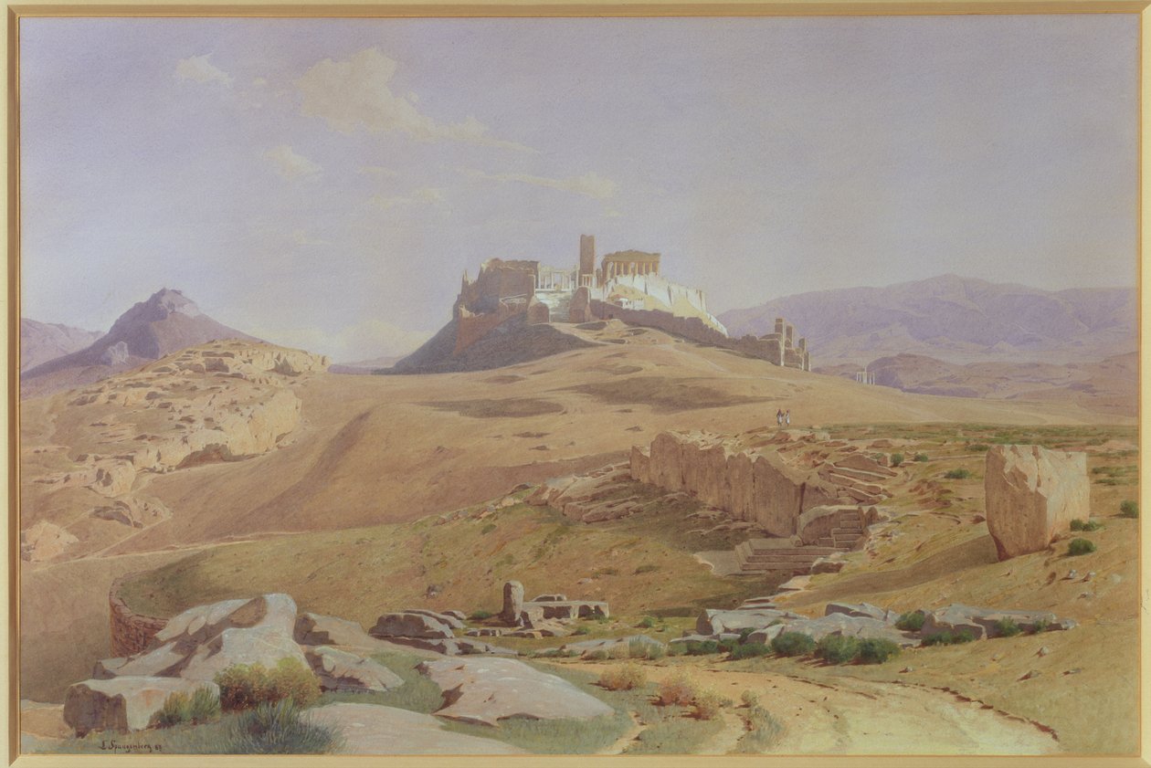 Näkymä Akropolikselle, 1887 (wc kortille asetettu paperille) tekijältä Louis Spangenberg