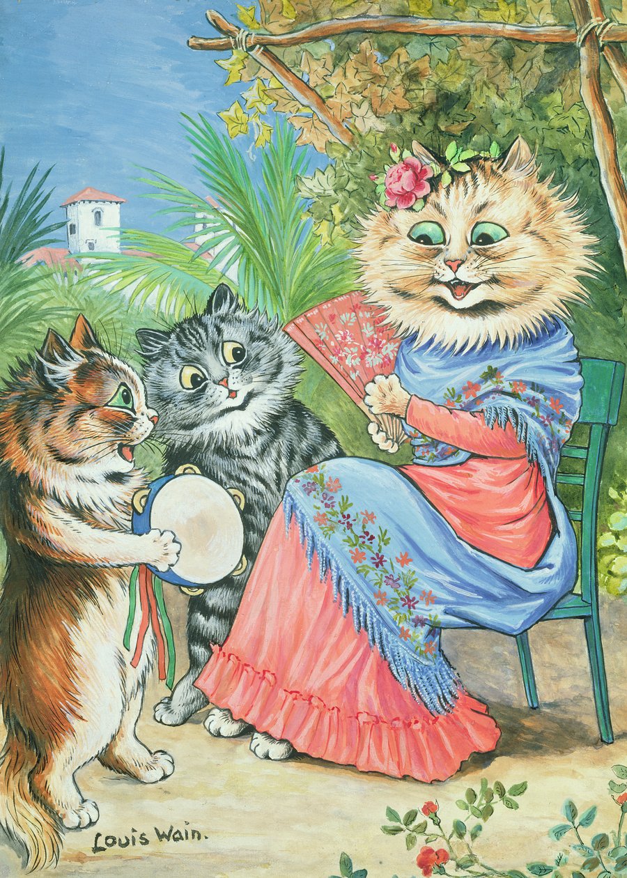 Kissaäiti tuulettimella ja kahdella kissanpentulla tekijältä Louis Wain