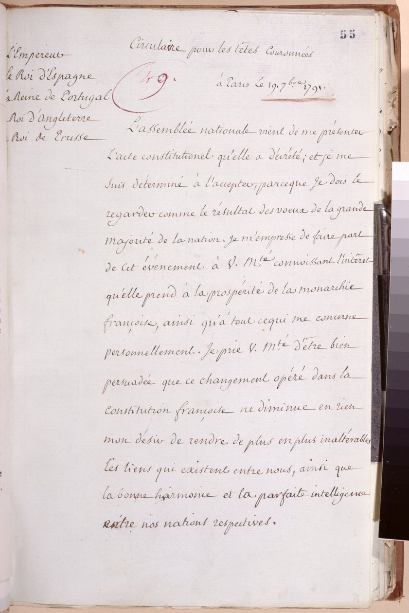 Ludvig XVI:n (1754-1793) kirjoittama kirje Euroopan hallitsijoille, joka selittää hänen päätöksensä hyväksyä vuoden 1791 perustuslaki, 19. heinäkuuta 1791 tekijältä Louis XVI