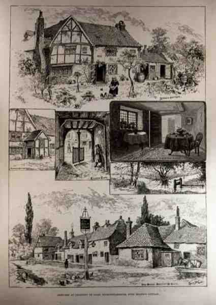 Luonnokset Chalfont St. Gilesissa, Buckinghamshire, Miltons Cottagen kanssa, The Illustrated London News, 4. kesäkuuta 1887 tekijältä Louis Wain