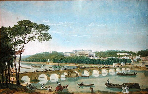 Napolin kuninkaan ja kuningattaren vierailu Chateau de Saint-Cloudissa toukokuussa 1830 (wc ja guassi paperilla) tekijältä Louis Ducis