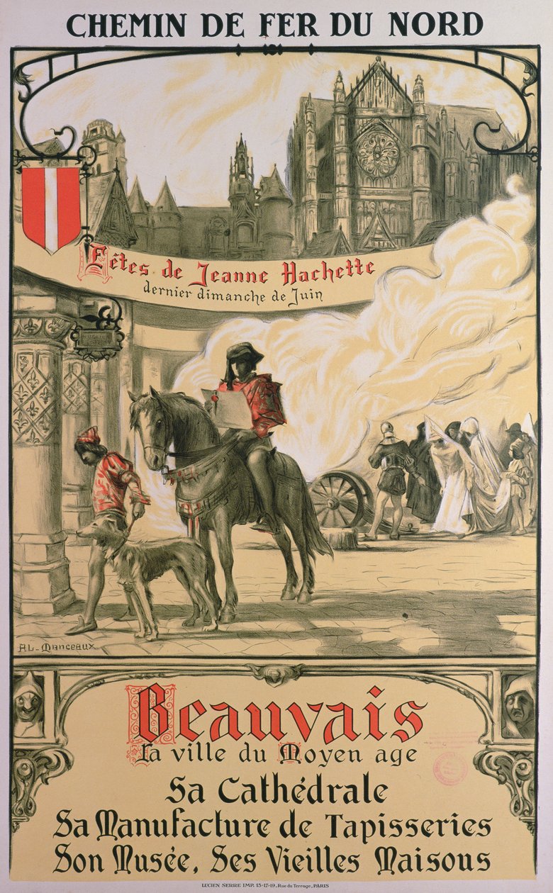 Beauvais - Keskiajan kaupunki (värilitho) tekijältä Louis Antoine Manceaux