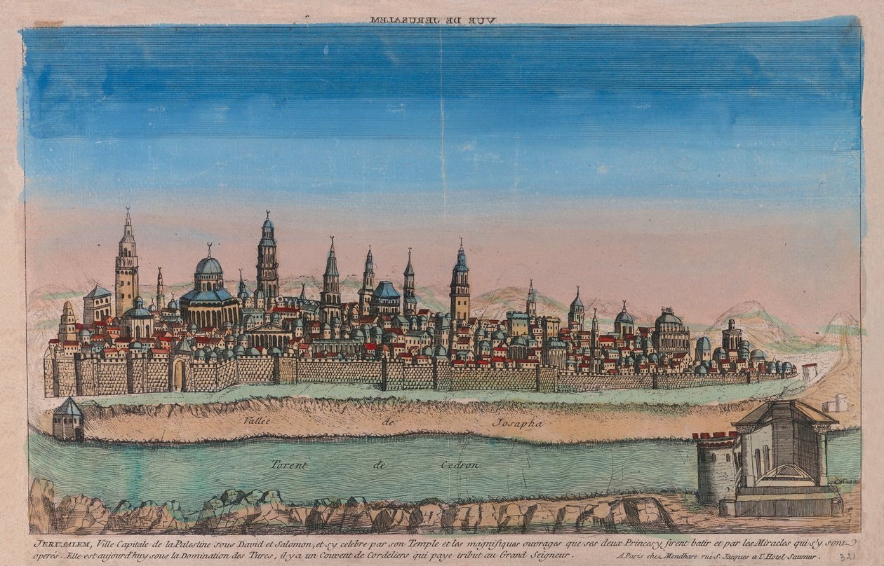 Jerusalem (Daavidin ja Salomon johtaman Palestiinan pääkaupunki...). Louis Joseph Mondharen teos (toimii 1700-luvun puolivälissä), kuparikaiverrus, akvarellivärinen tekijältä Louis Joseph Mondhare