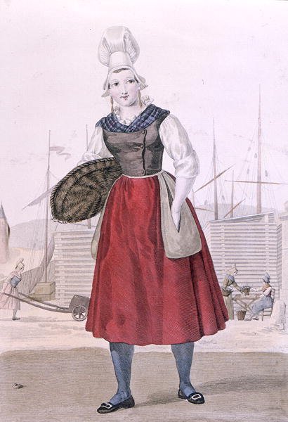 Dieppen kalamyyjän perinteinen puku, kaiverrus Gatine n. 1820 (värikaiverrus) tekijältä Louis Marie (after) Lante