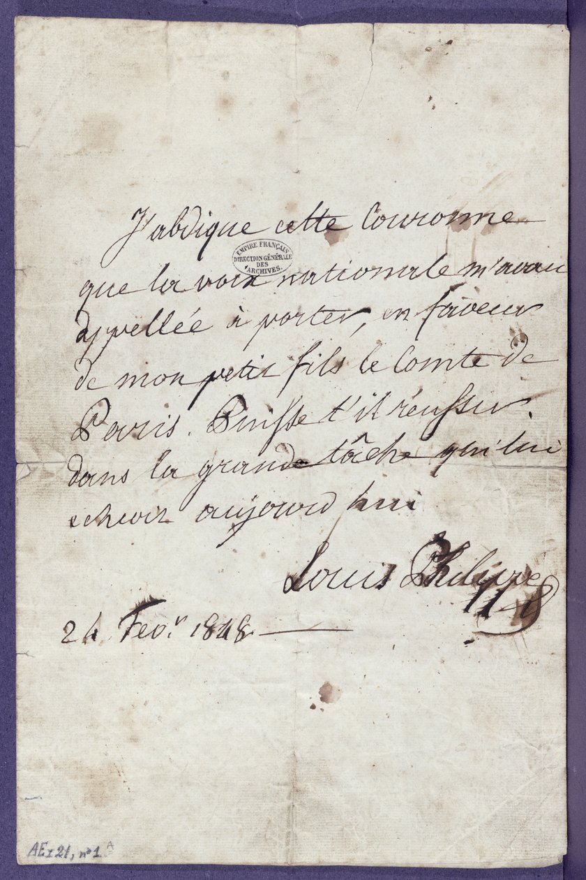 Louis-Philippen (1773-1850) valtaistuimesta luopuminen pojanpoikansa Louis-Philippe Albert dOrleansin (1838-94), Comte de Parisin hyväksi, 24. helmikuuta 1848 tekijältä Louis Philippe