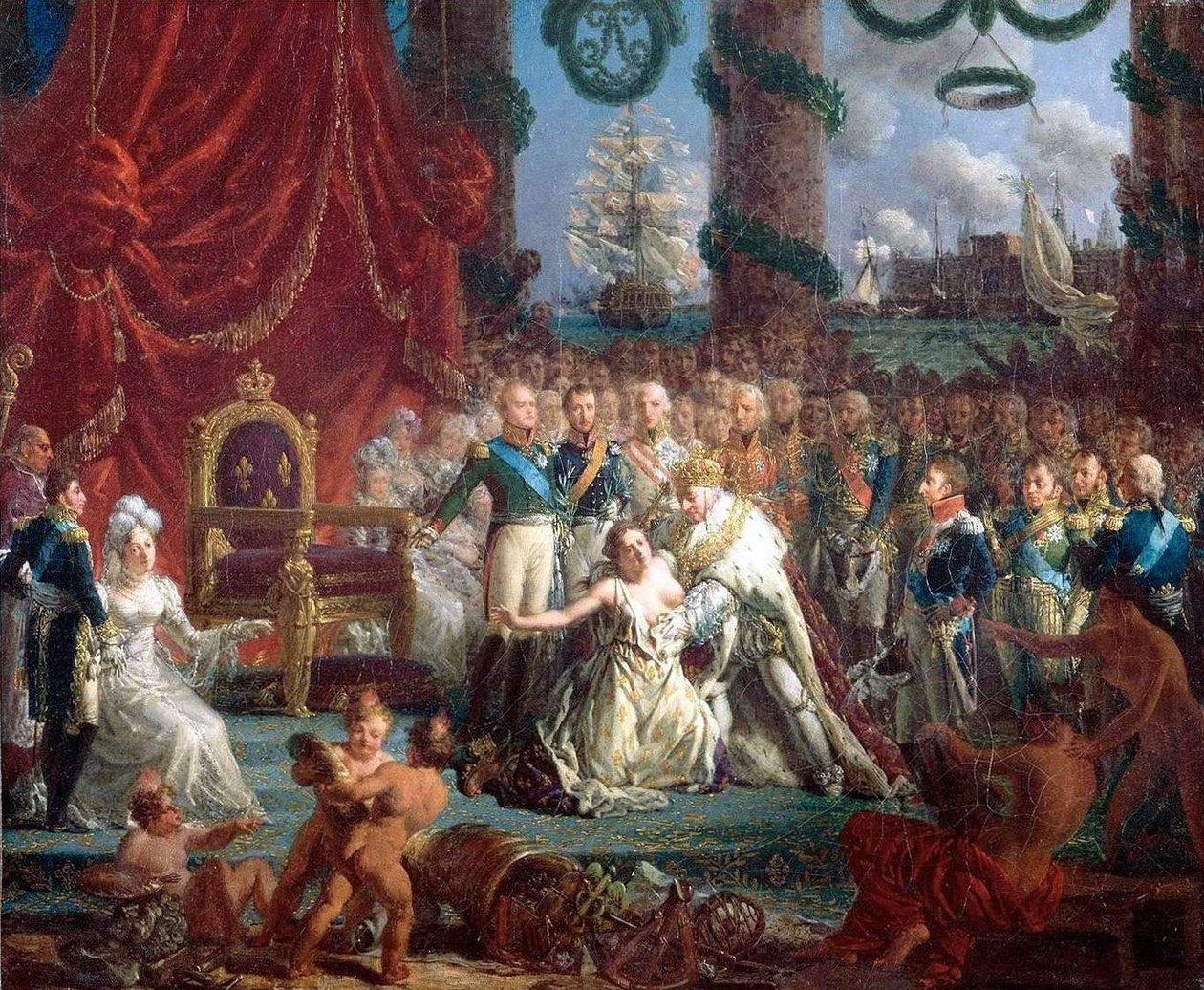 Allegorie du retour des Bourbons, 24. huhtikuuta 1814: Louis XVIII relevant la France de ses ruines.n tekijältä Louis Philippe Crepin
