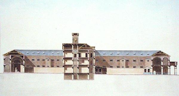 Poikkileikkaus Brysselin uudesta vankilasta, Pierre Jacques Goetghebuerin teoksesta "Choix des Monuments, Edifices et Maisons les plus remarquables du Royaume des Pays-Bas", tekijän kaiverrus, julkaistu 1827 (akvatintta). tekijältä Louis (after) Damesme