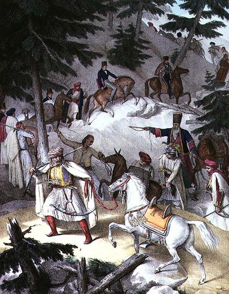 Matka Ateenaan ja Konstantinopoliin: Le Pinde, ylitys Janinasta Tricalaan (litho) tekijältä Louis (after) Dupre