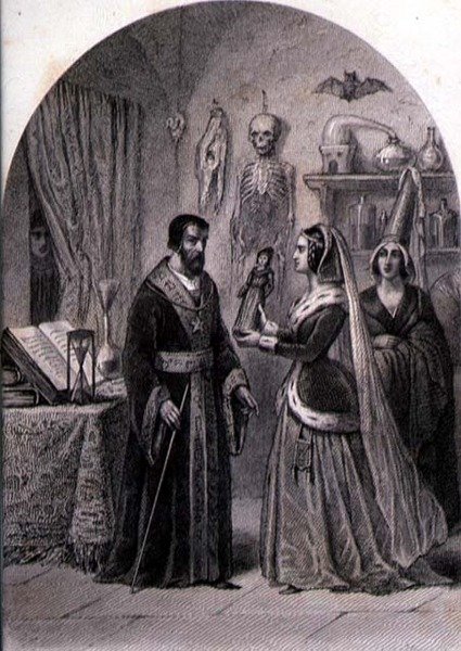 Asiakas vierailee noidan luona, kaiverrus Philibert Langlois (fl.c.1834-9) (kaiverrus) tekijältä Louis (after) Marckl