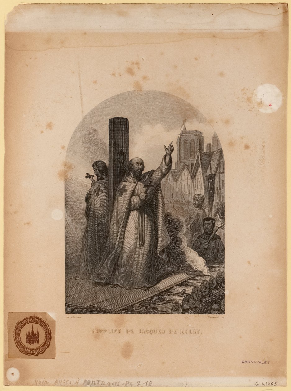 Jacques de Molayn kärsimys, kaiverrus Jean-Charles Pardinel tekijältä Louis (after) Marckl