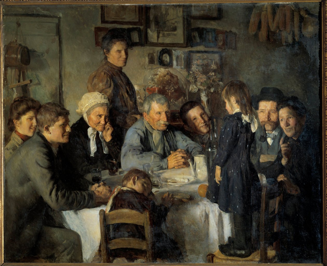 Talonpoikien Golden Wedding Family -ateria. Louis Adolphe Dechenaud (1868-1926) maalaus 1909 su. 1,66 x 2,03 m Dijon, Musee des Beaux Arts tekijältä Louis Adolphe Dechenaud