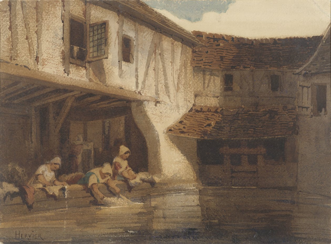 Naisten peseminen asuinkompleksin avoimessa salissa veden päällä tekijältä Louis Adolphe Hervier (signed by artist)
