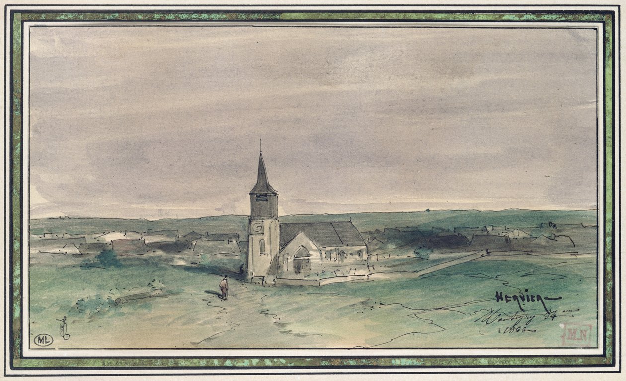 Kirkko ja kylä keskellä peltoa, Montigny, 1866 (kynä ja muste ja wc paperilla) tekijältä Louis Adolphe Hervier